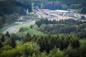 Bird’s-eye view of Spa Francorchamps during an Autopolis track day, featuring the iconic circuit and surrounding landscape