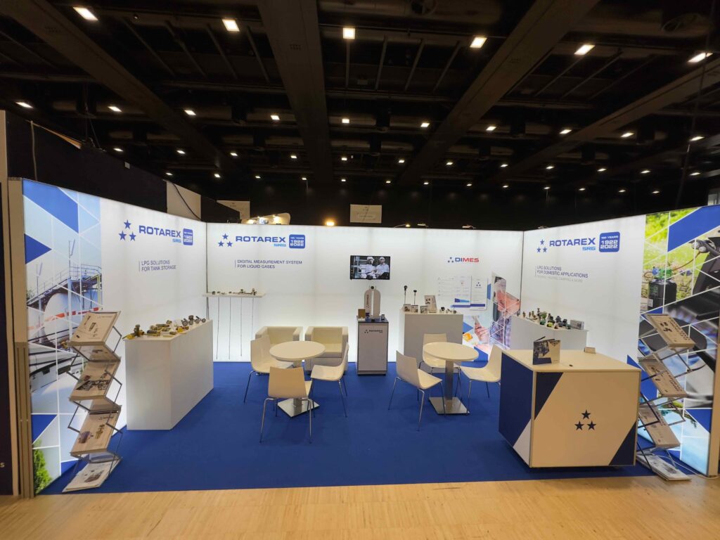 A professional and modern Rotarex SRG booth at LPG Week 2023 in Rome, featuring sleek displays, branding, and product showcases.