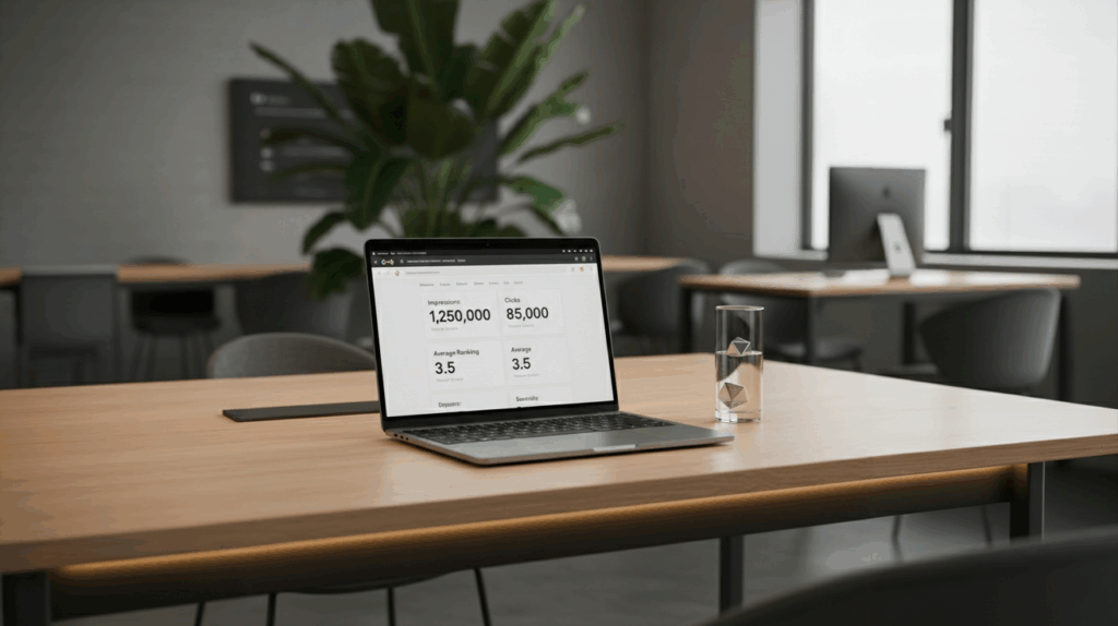 A sleek, modern desktop setup for a marketer improving the SEO performance